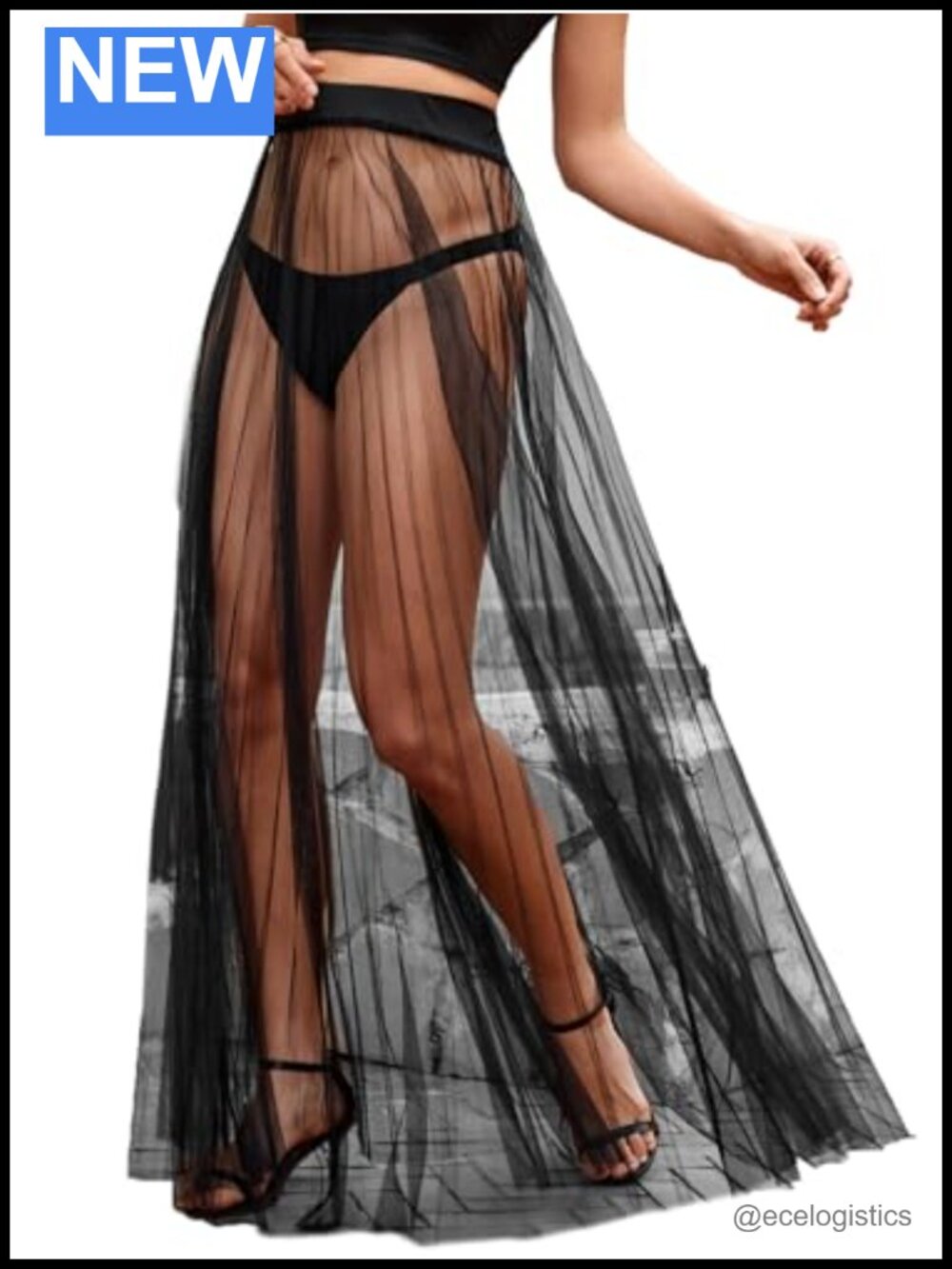 Sheer Mesh Flowy High Waist A-Line Long Maxi Skirt